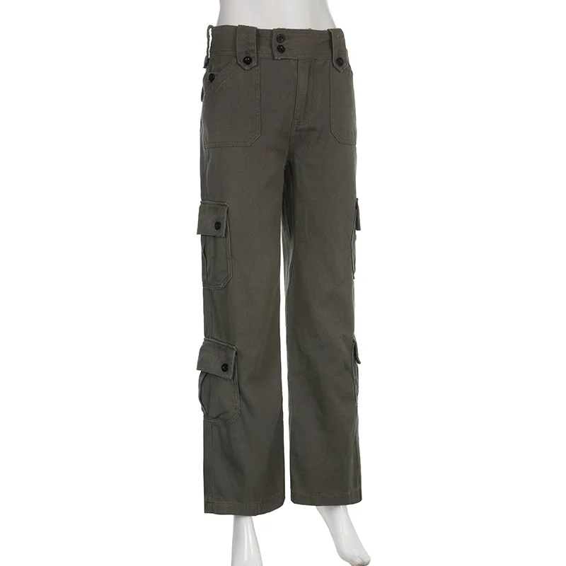 【BAON】Yokori Vintage Wide Cargo Pants Cargo Pants Women High Waist Vintage Gray Baggy Streetwear