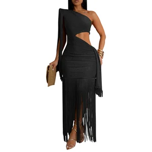 Boutique Summer Women's Empire Waist Solid Elegant Translucent Asymmetric Long Maxi Dress Shoulder Tassel Sexy Tight Sweet Party