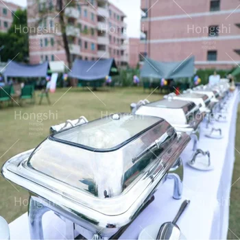 Luxury Silver Stainless Steel Buffet Stove Hotel Usage Chafing Dish Buffet Display Stand and Food Warmer Metal Chafers Set