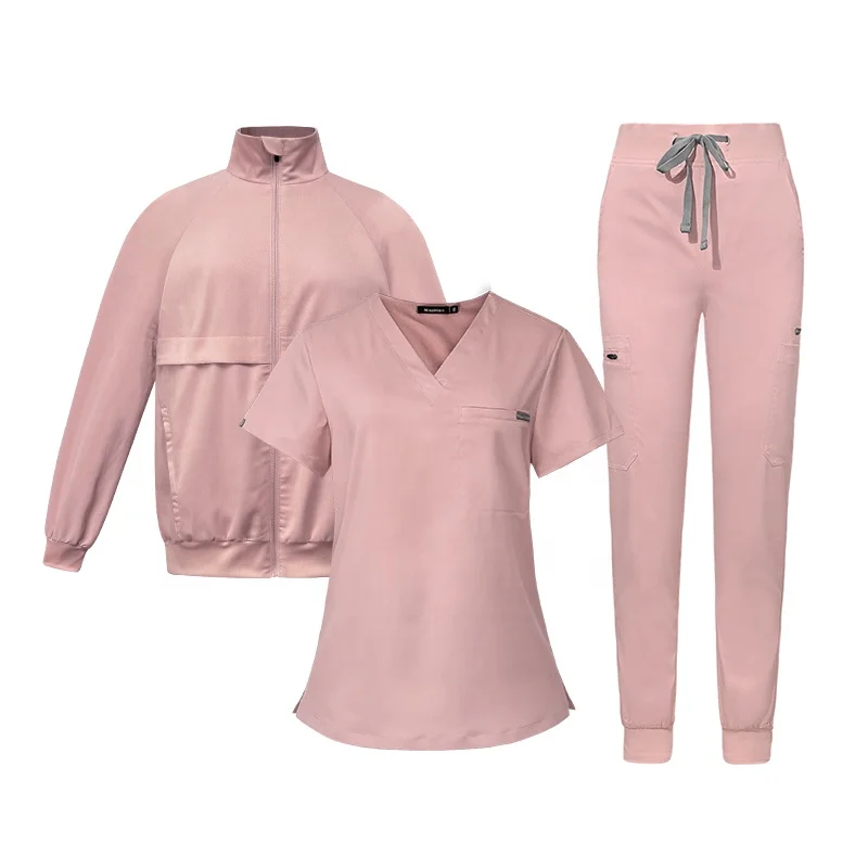 Full Zip up Customized Logo Warm-up Jackets and Nurse Uniform Sets Customized Stretchy Front Zip Nurse Scrub Jacket 3 PCS Sets