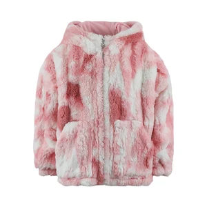 Customizable Girls Pink Tie Dye Fuzzy Plush Hooded Sweater Warm Cozy Zip-Up Kids Knitwear for Winter