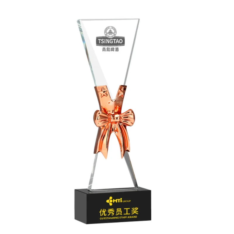 Shining Crystal Crafts Gold-Plated Trophy With Black Crystal Base Metal Trophy K9 Crystal Glass Awards Souvenir Gift