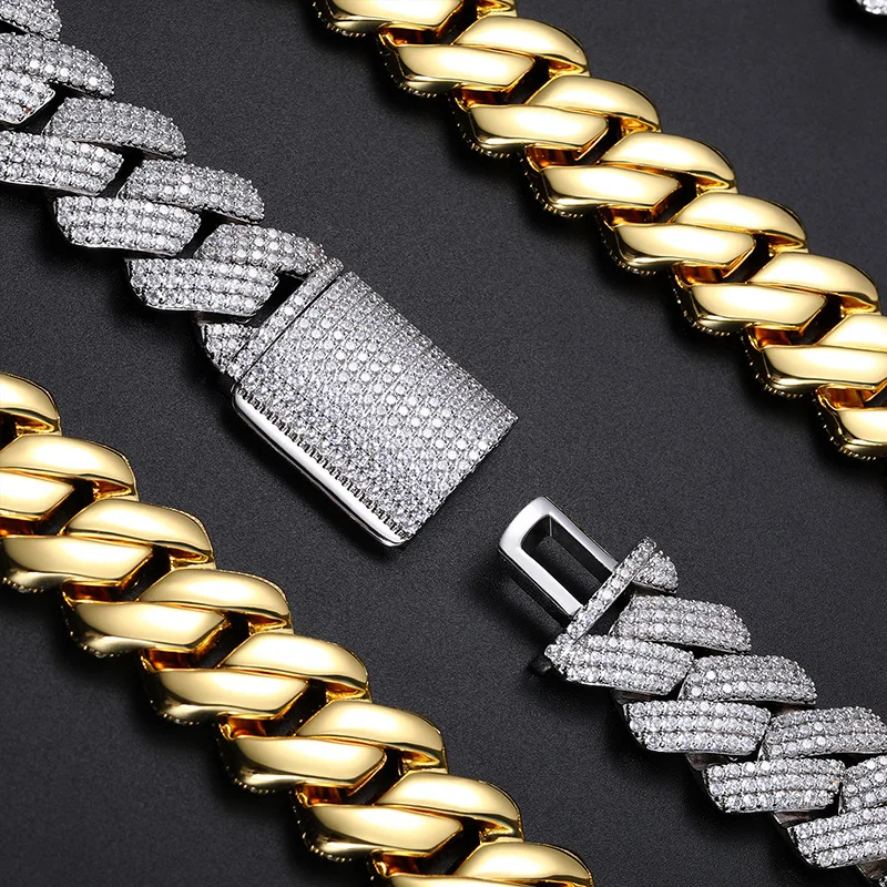 20mm Two Rows 3 Rows 25mm 5a Cz Prong Cuban Link Chain Icy Rhodium 18k Gold Plating Big Heavy 8280