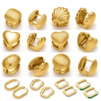316L Stainless Steel Golden Huggie Hoop Striped Earrings Tarnish Free 18k Gold Plated Square Ribbed Stud Clip Earring