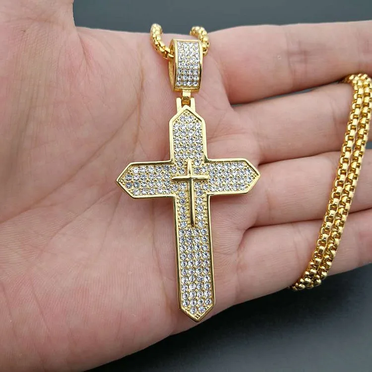 High Quality Cut Design Hip Hop Gold Plated Stainless Steel Rhinestone Crystal Stone Jesus Cross Pendant Necklace Women Men