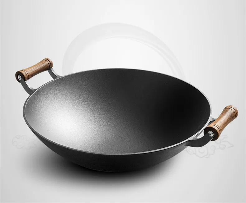 Cast Iron Woks Cookware Set With Double Iron Ears Wooden Cover Deep
