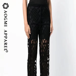 AOGMI Haute Couture Ladies Summer 100% Cotton Wide Leg Pants Loose Fit High Elastic Waist Breathable Eco-Friendly 3D Embroidery