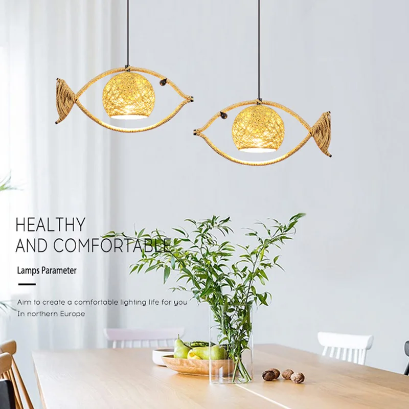 Modern Chinese Fish-shaped Hemp Rope Chandelier Retro Willow Restaurant ...