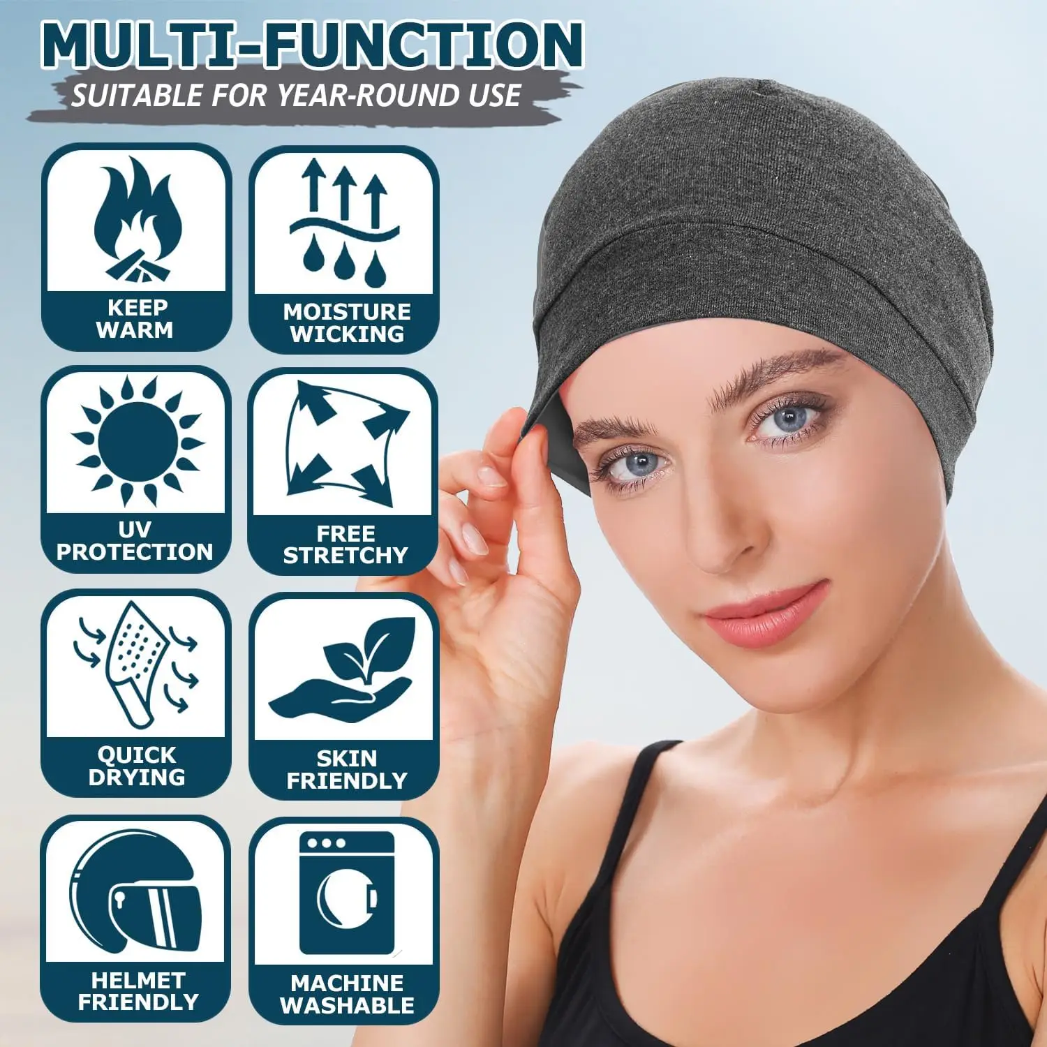 Headshion 2-Pack Lightweight 100% Cotton Beanie Sleep Hats 3D Embroidery Skull Caps for Men & Women Breathable Helmet Liner\