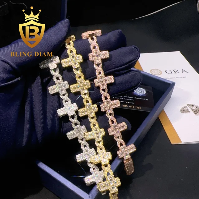 New Custom Hiphop Bracelet Sterling 925 Silver Cross Design Baguette Moissanite Diamond Ice out Cuban link chain bracelet