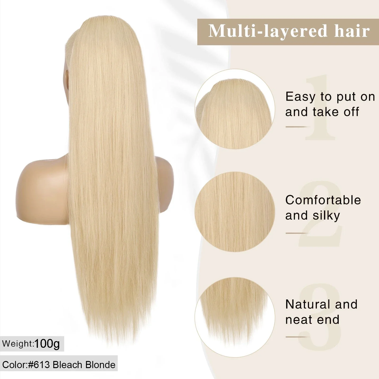 613 Pferdeschwanz-Extensions mit Kordelzug, glattes Echthaar, 16-26 Zoll, 100 g_voghion.com
