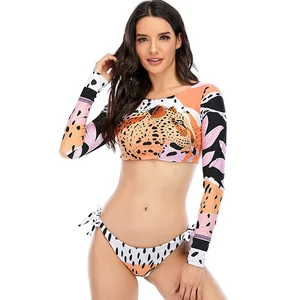 2022 Women's Long Sleeve Leopard Bikini Set Summer Swimwear Beachwear with High Decency Bathing Suit & Swimsuit