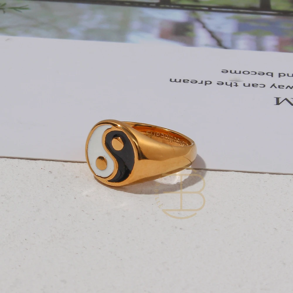 Minimalist 18K Gold Plated Stainless Steel Balance YinYang Rings For Women