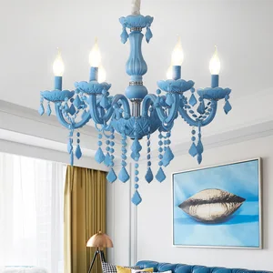 JACKSUN Classic Colored Crystal Chandelier with 6 Candles Adjustable Island Lights for Living Room Foyer in Blue Pink Green