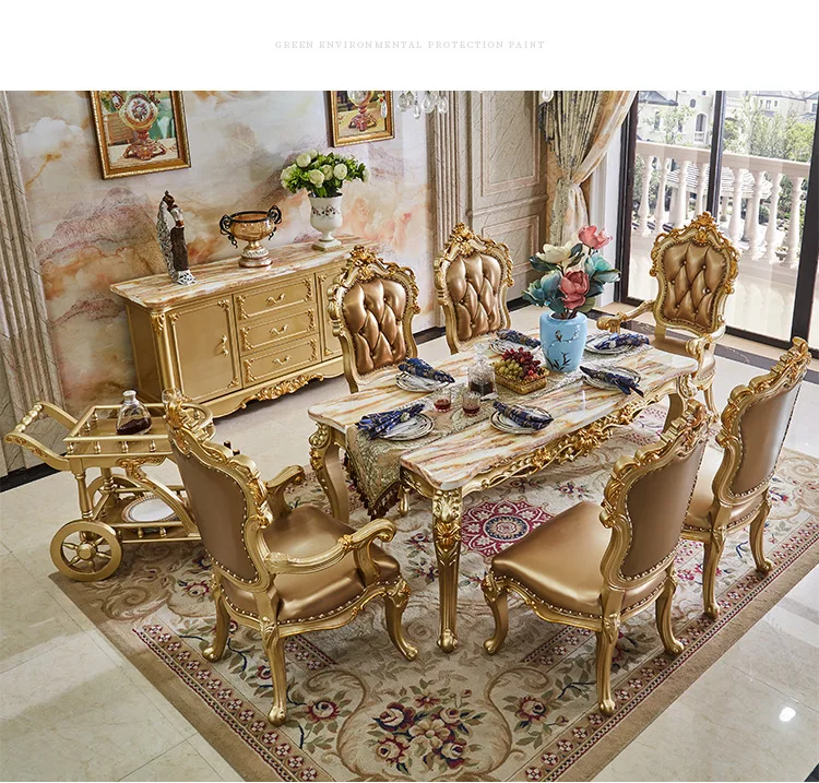 Marble Top Dining Table Set Solid Wood Luxury Round Dining Table Set 6