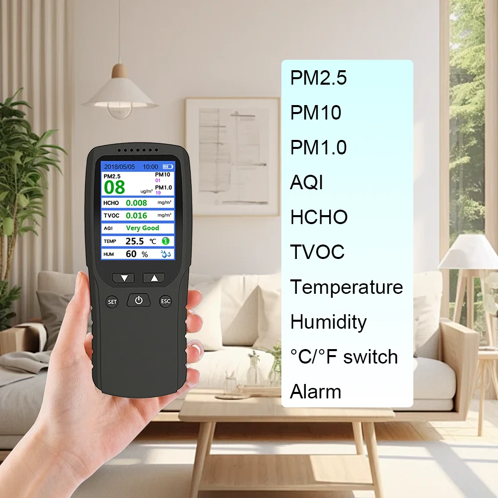 Moniteur Qualité De L'Air Intérieur 5 En 1 - Détecteur CO2 HCHO TVOC AQI Avec Écran LED - Blanc