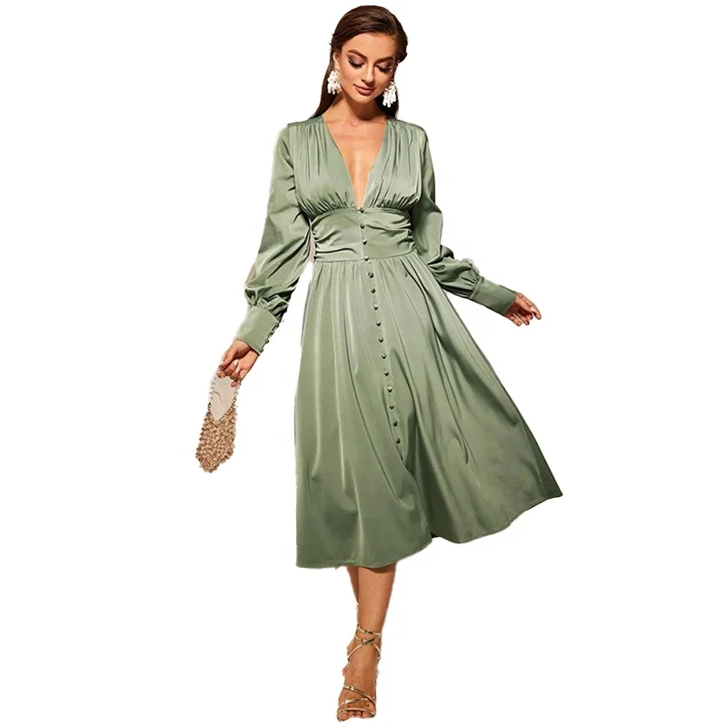MANNI Women's Sexy Satin Deep V Neck Long Sleeve Maxi Dress