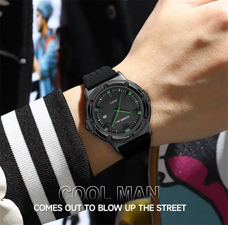 Crrju Watch 5030 Elegant Custom Logo Man Quartz Watch Stylish Silicone Band  Waterproof Date Display Character Casual Watch Set