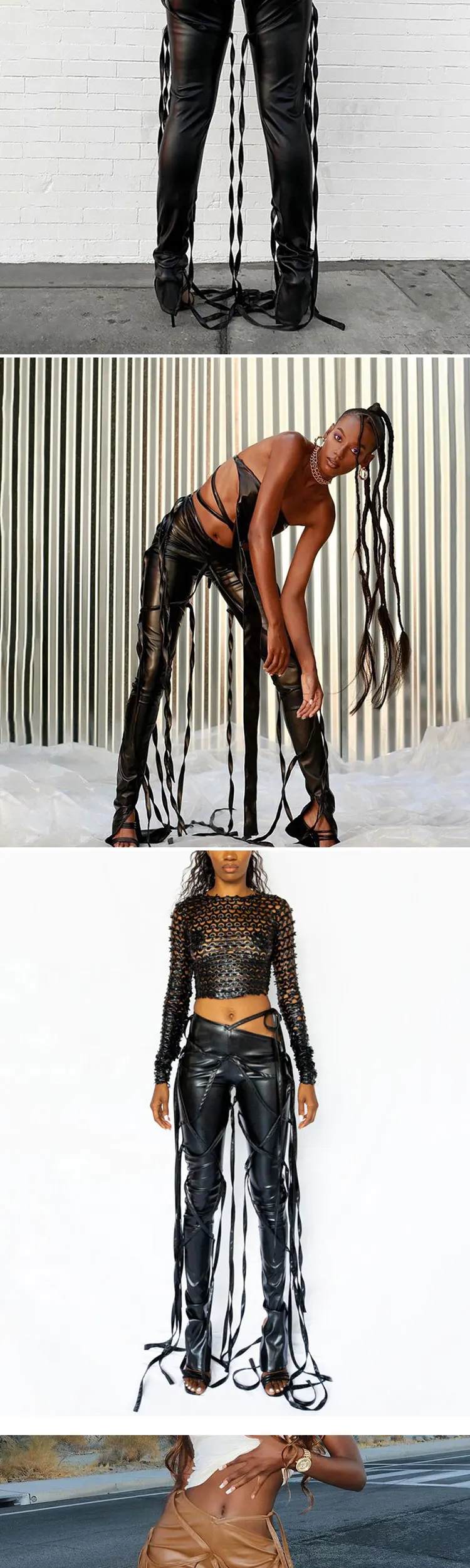 Autumn Winter Clothing With Slant Waist And More Lace-up Trousers Women PU Leather Pants