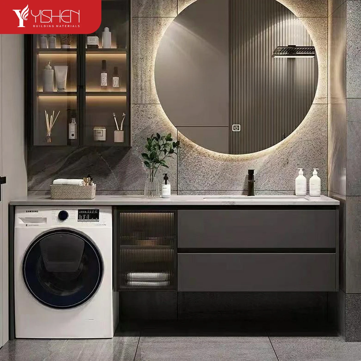 Custom Size Modern Design Sintered Stone Top Laundry Cabinet Smart Waterproof Wall Cabinets for Bathroom Organization