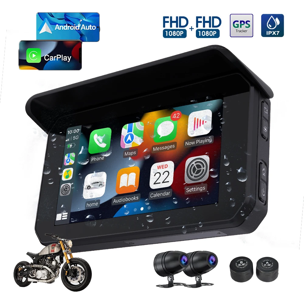 5-Inch Karadar T6 GPS Navigator for Motorcycles Cars Waterproof Wireless Android Auto DVR Touch Screen Mirror Link IPX6