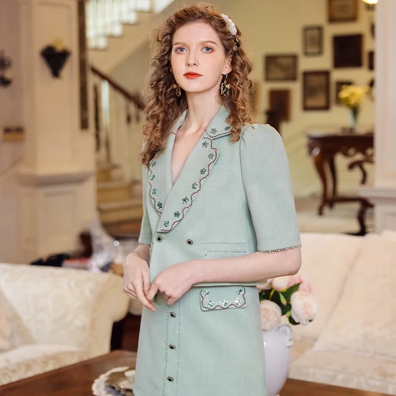 Women Light Green Blazer Half Sleeve Suit Blazers Solid One Button