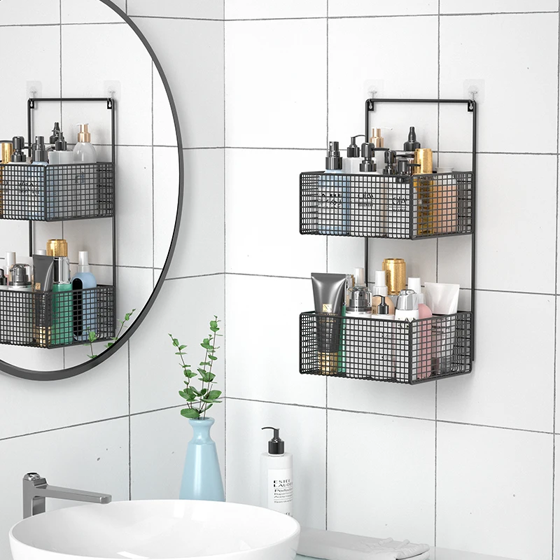 Bathroom Shelves Aluminum Wall Suction Toilet Storage Black