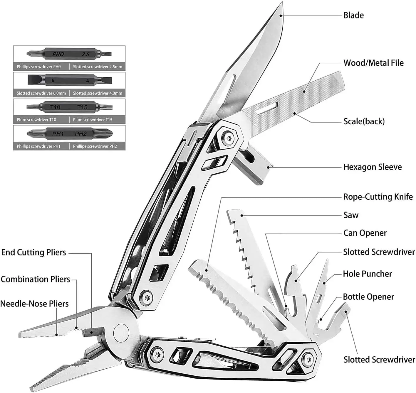 21-in-1 Multi-tools Hard Stainless Steel Multi-pliers Foldable Self ...