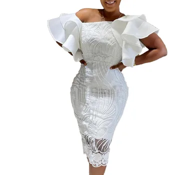 X7005 Latest Lace Chic One Shoulder Ruffle Sleeve Lady Evening Dress Solid Color Dresses Women Casual Summer White Dress