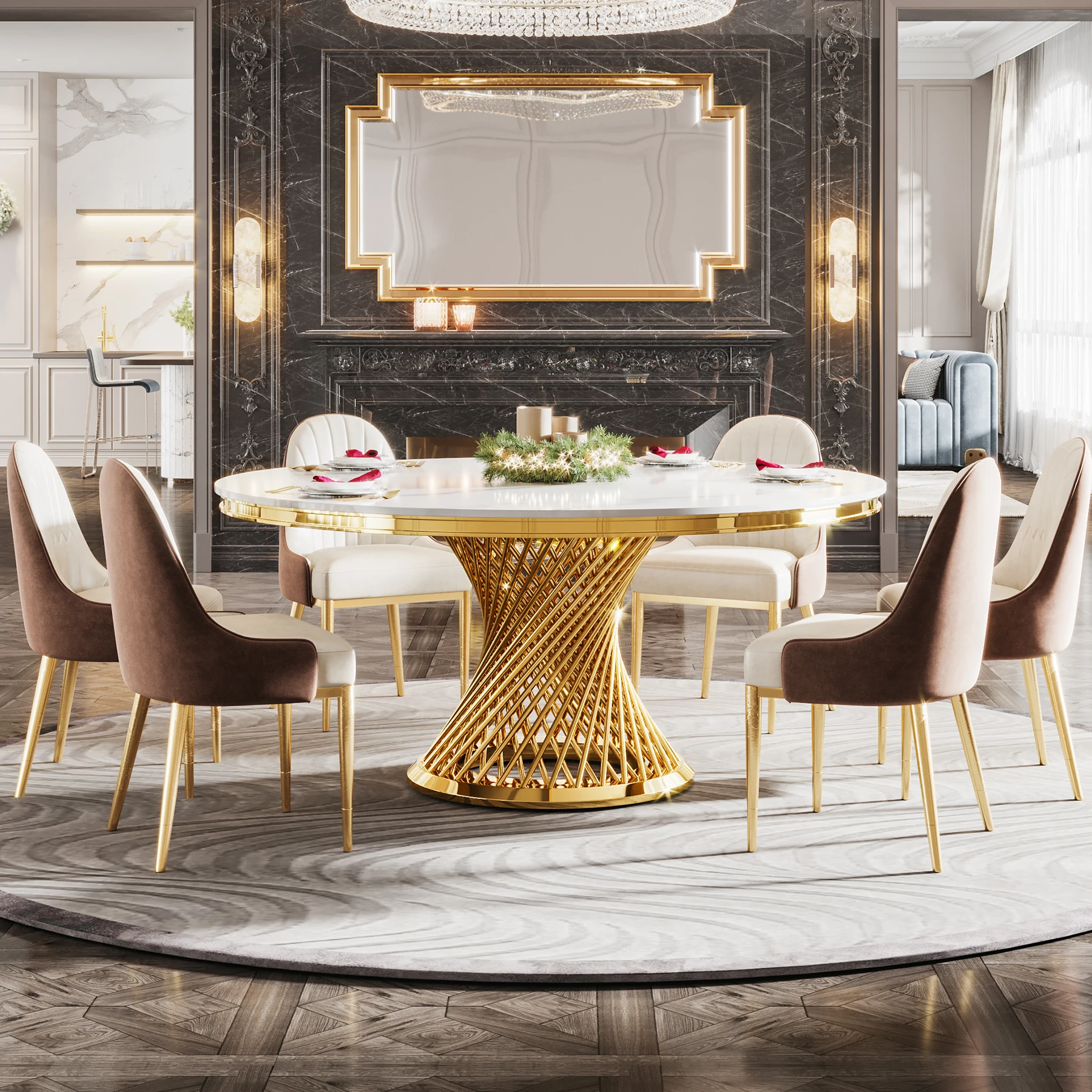 Luxury Home Furniture Kitchen Ultra Modern Dining Room Tables Sintered  Stone Round Dining Table, image size:1800x1800