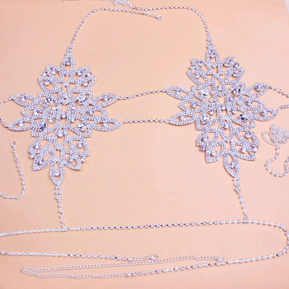 Luxury Flower Design Crystal Bikini Body Chain For Women Sexy Lingerie Chain Rhinestone Body