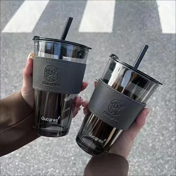 Cheap glass cup with Straw High-Looking Coffee Cup with Leather Cover