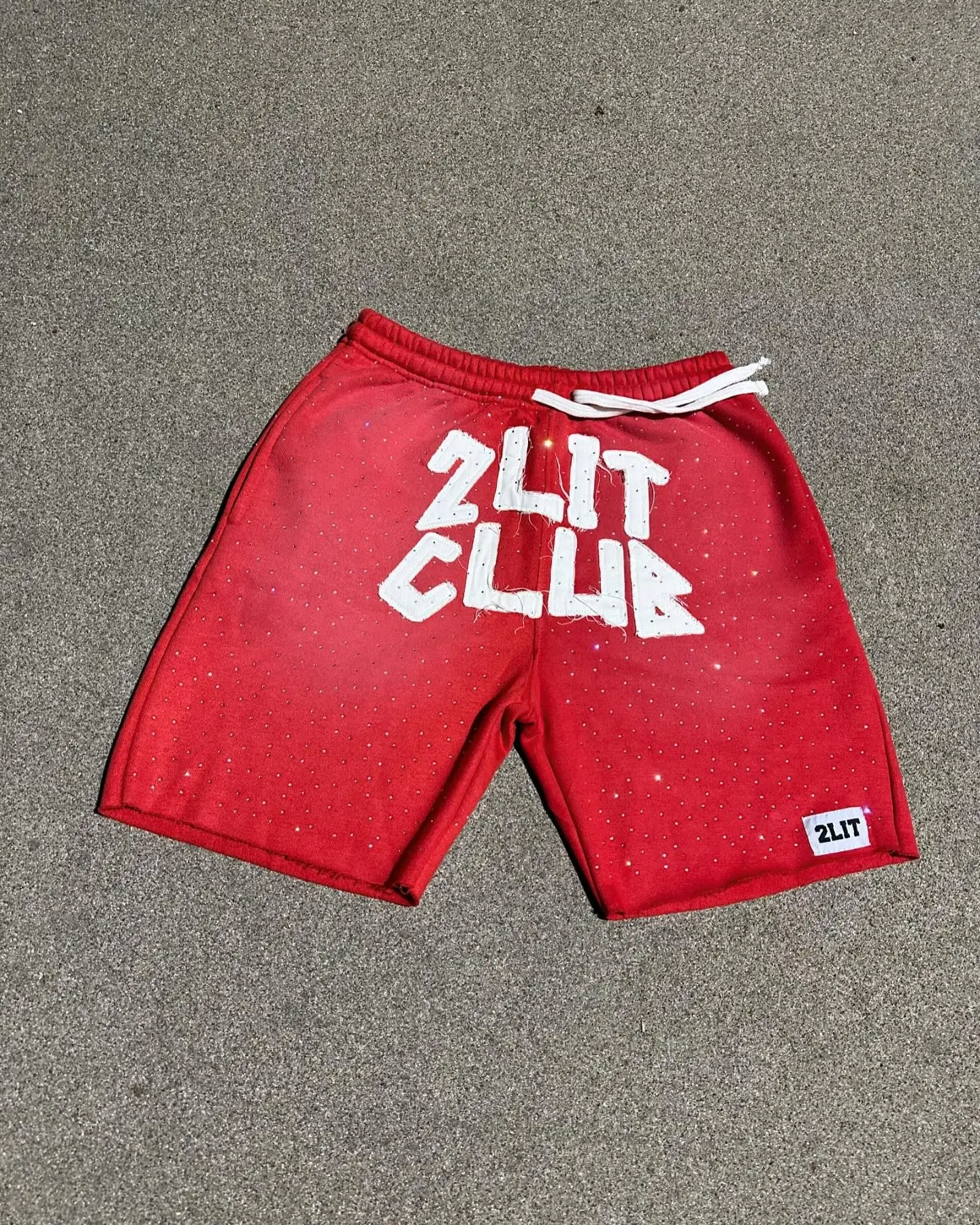 Unisex Summer Sweat Short Raw Hem Cotton Full Rhinestone Patch Embroidery Distressed Sun Faded Acid Wash Streetwear Shorts Men gallery 8