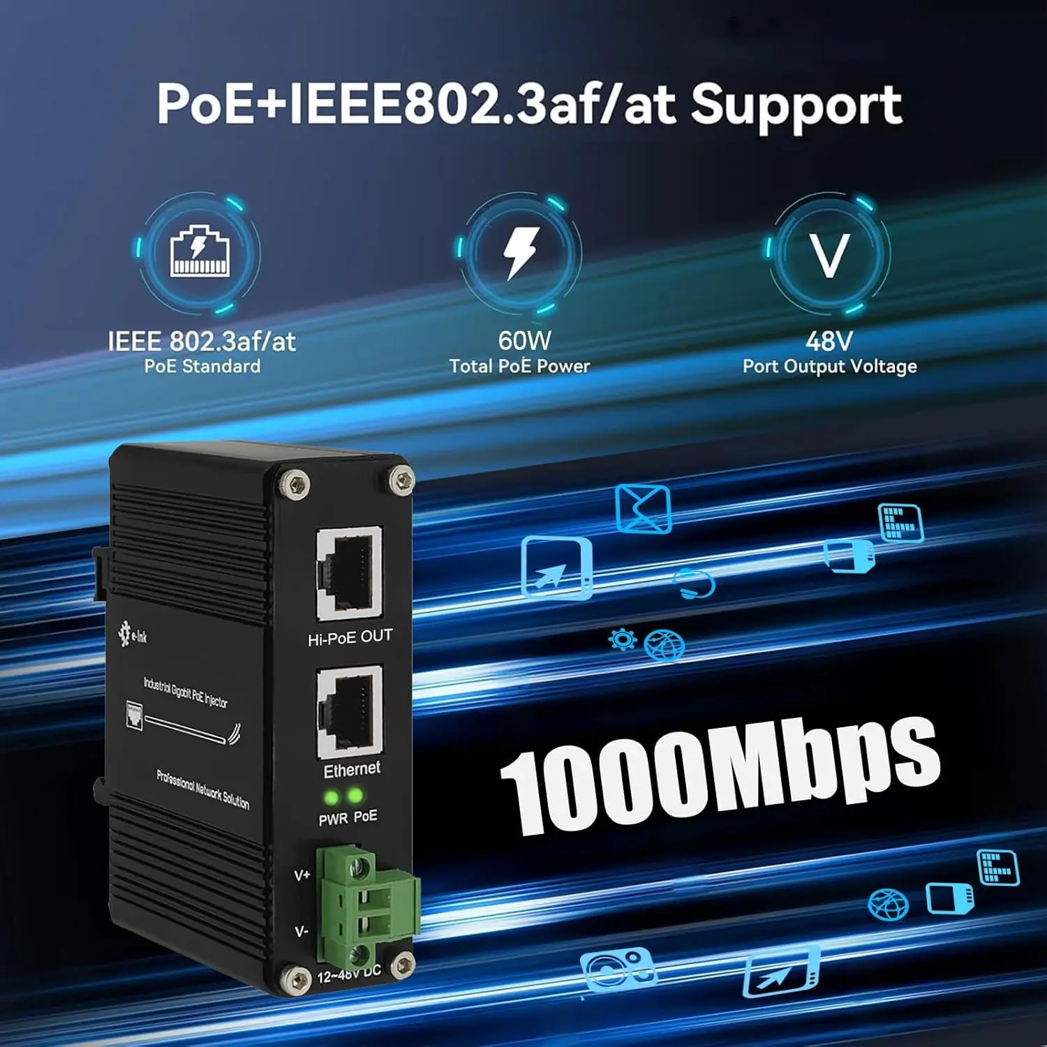 Industrial 60W PoE Injector Gigabit 10/100/1000Mbps Support 802.3af/at 12 to 48VDC Input