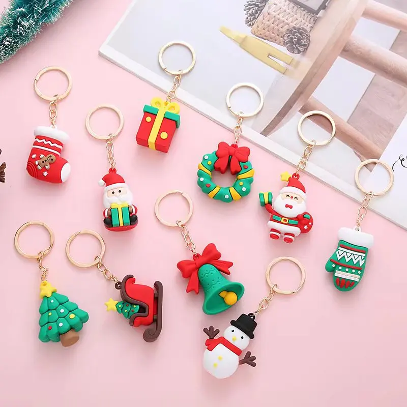 Christmas Key chains Santa Claus Elk Snowman Christmas Tree Keychain Cute PVC Cartoon Doll KeyChain New Year Decor Xmas Key Ring