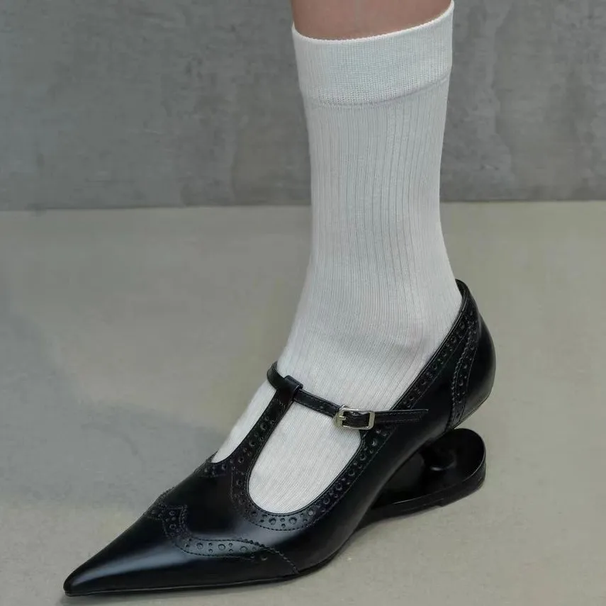 Fashion Pointed Toe T-shaped Carving Mary Jean Wedge Heel Lady Pu Leather Women High Heels Pumps - Image 1