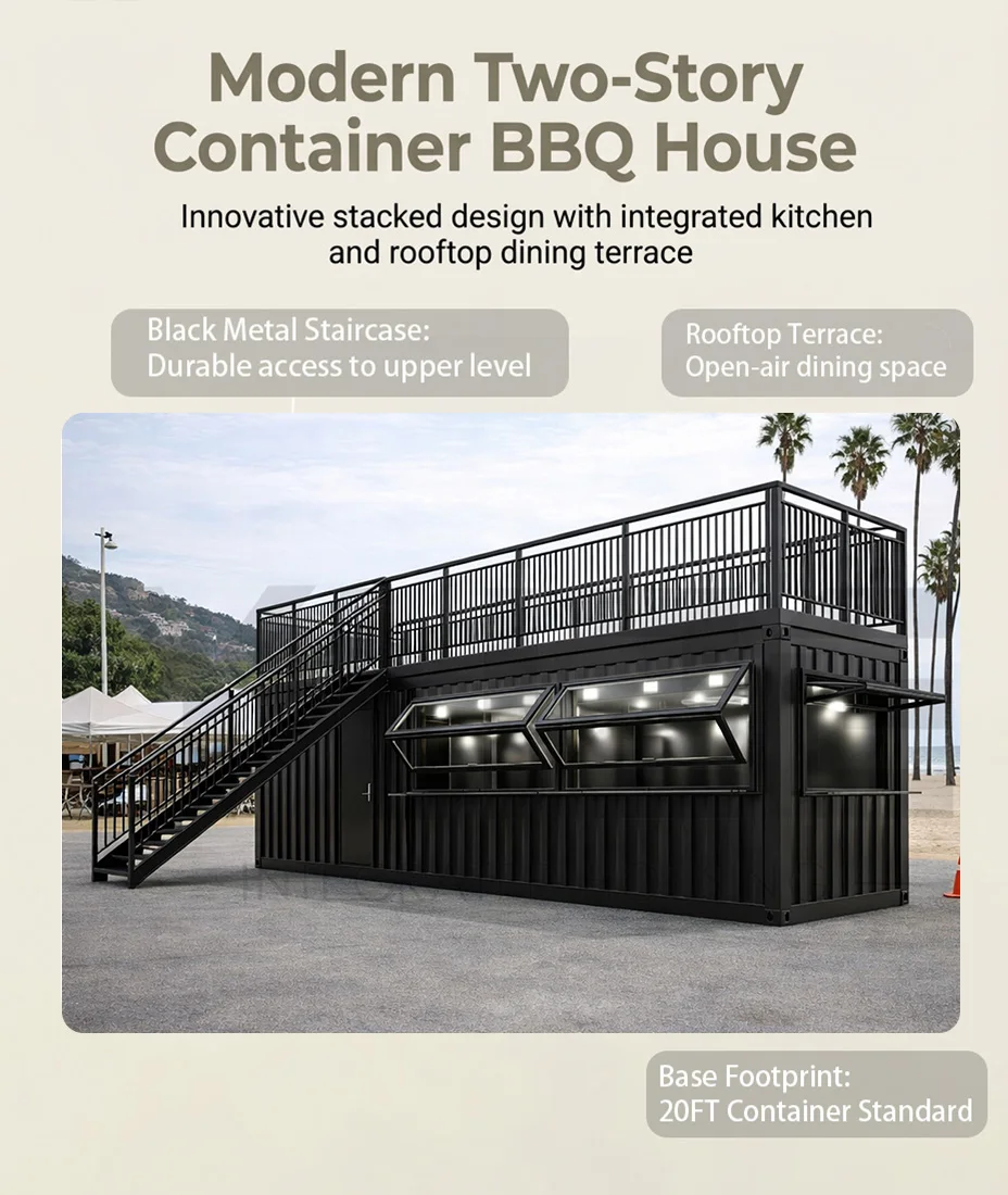 product durable steel structure commercial 40ft fully equipped  functional shipping container bbq restaurant with rooftop deck-0