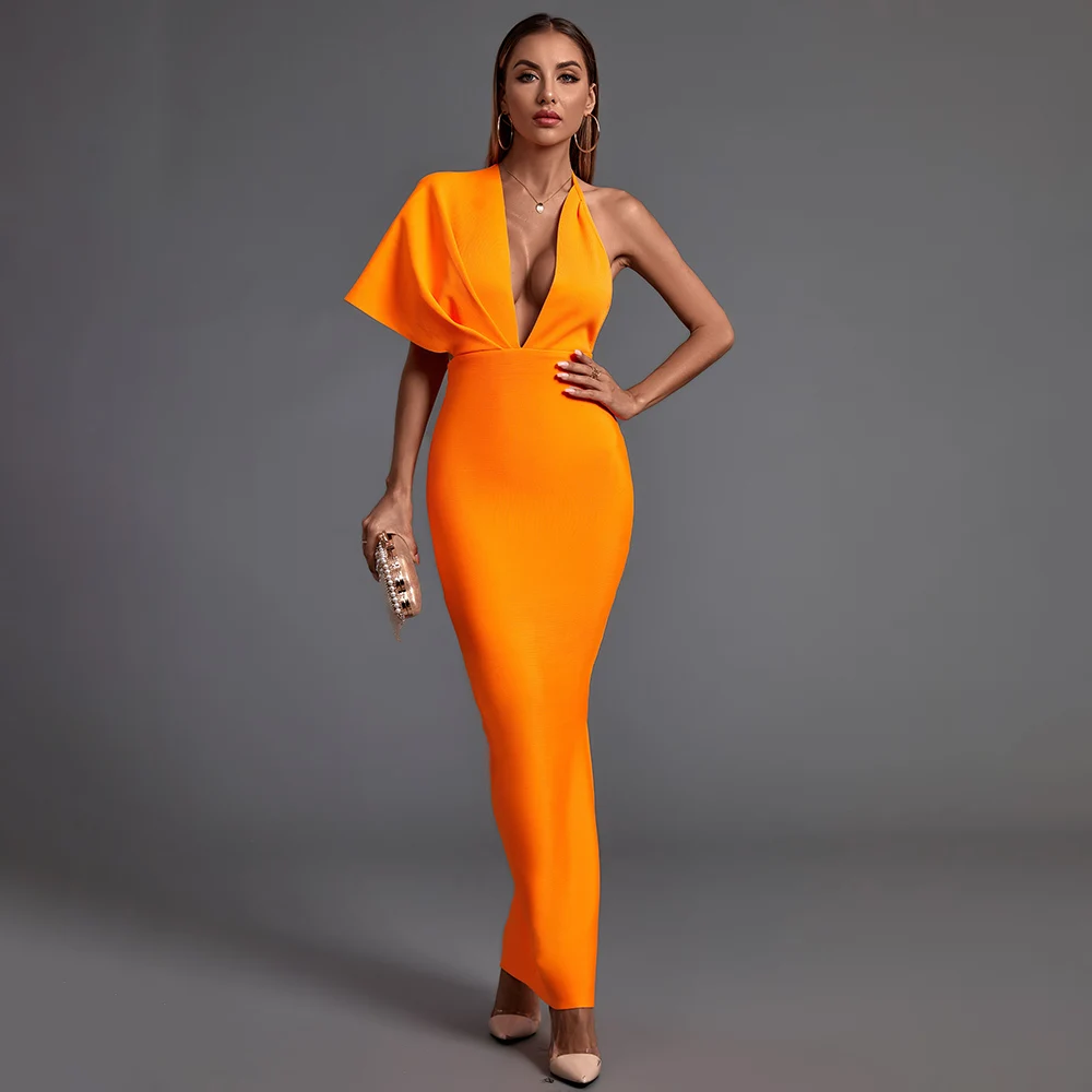 2021 Latest Lady Elegant Asymmetrical Short Sleeve V Neck Backless Dresses  Women Party Long Evening Dress With Black/Orange