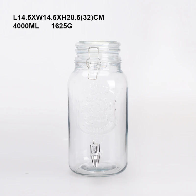 Factory 4l Glass Beverage Dispenser Jar With Metal Clip Safe Storage