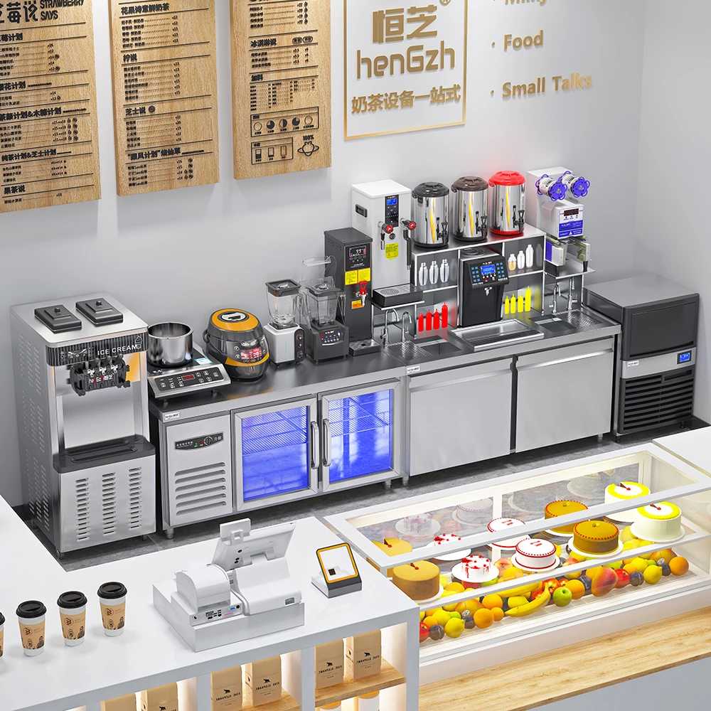 HENGZHI Factory Outlet Customizable All Set Bubble Tea Equipment Milk Tea Shop Counter Bubble Tea Counter with 3D Design Layout