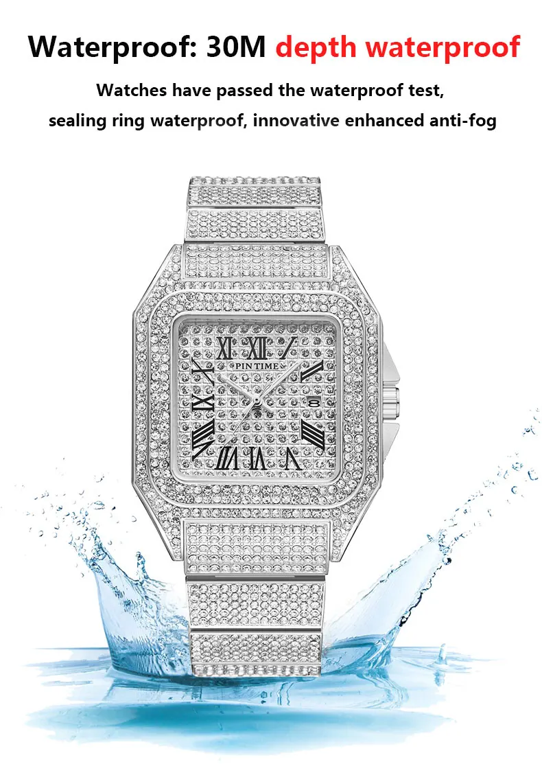 Luxury Rhinestone Unique Quartz Watch Mens Classic Golden Square Case Full Diamond Creative Fashion Waterproof Watch AAA Clock