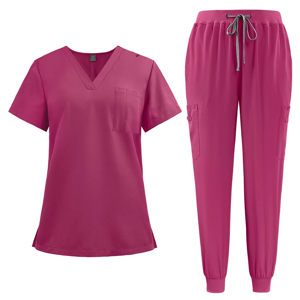 Hospital Uniforms Short Sleeves Nurse Scrubs Sets V-neck Nursing Uniforms Top & Pants with Multi Pocket Summer