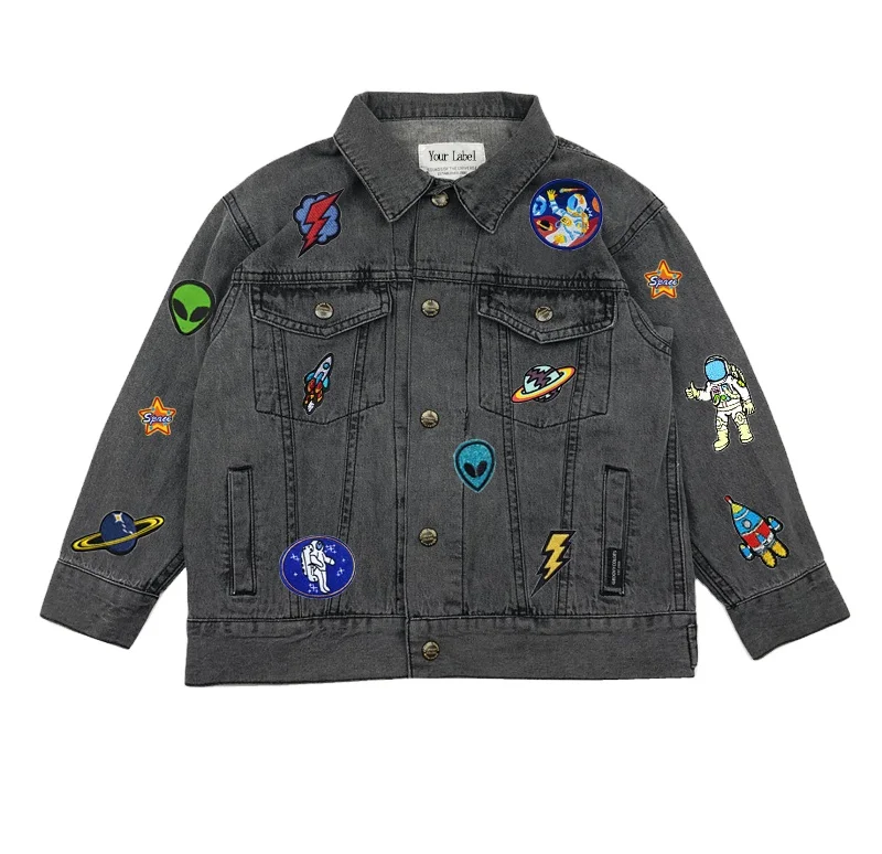 Custom Acid Washed Distressed Dinosaur Tiger Spaceship Astronaut Alien Patchwork Denim Jacket for Kids
