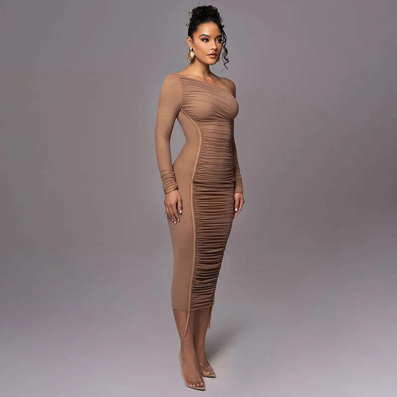 Liu Ming Spring Summer Collection Elegant Long Sleeved Vintage French Backless Bodycon Dress Ruched Empire Lace Breathable