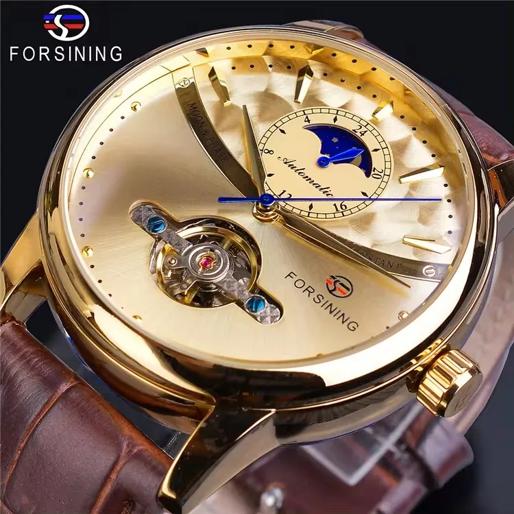 Forsining GMT1150 Moon Phase Automatic Watch Royal Men Waterproof Mechanical Wristwatch Casual Genuine Leather Tourbillon Clock
