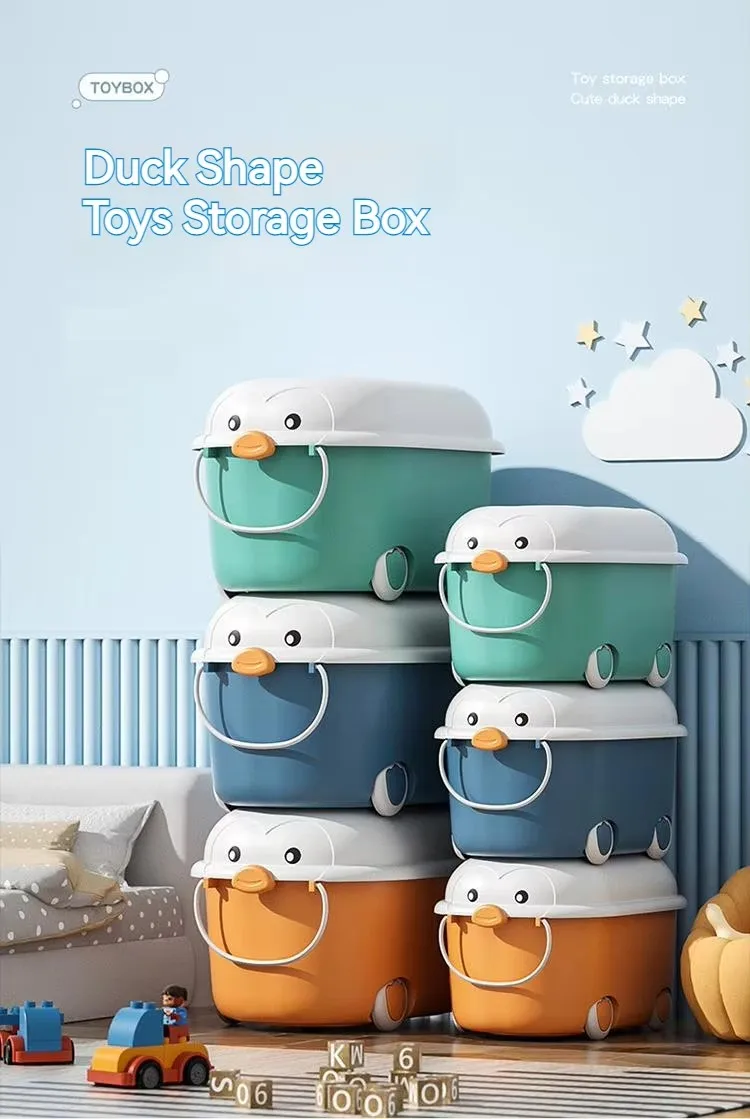 Detachable Cute Cartoon Duck Plastic Storage Box With Lid Baby's Toys Storage Box Featuring Wheels & Handle details