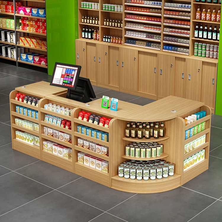 Customized Supermarket Checkout Counter Cash Counter Table Design MDF Cashier Convenient Store Check Out Counter