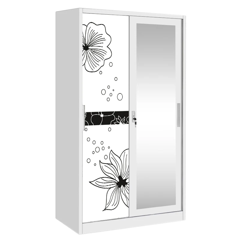 White Steel Sliding Door Wardrobe with Mirror for Bedroom Storage