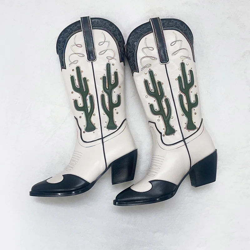 Hot Selling Chunky Heel Knee High Boots Ladies Pointed Toe Embroidery Cactus Women Western Cowboy Boots - Image 4