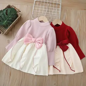 New Year's Christmas Girl's Sweater Dress Children's Knitted Pattern Solid Autumn Small for Style Sweet Above Knee Dress